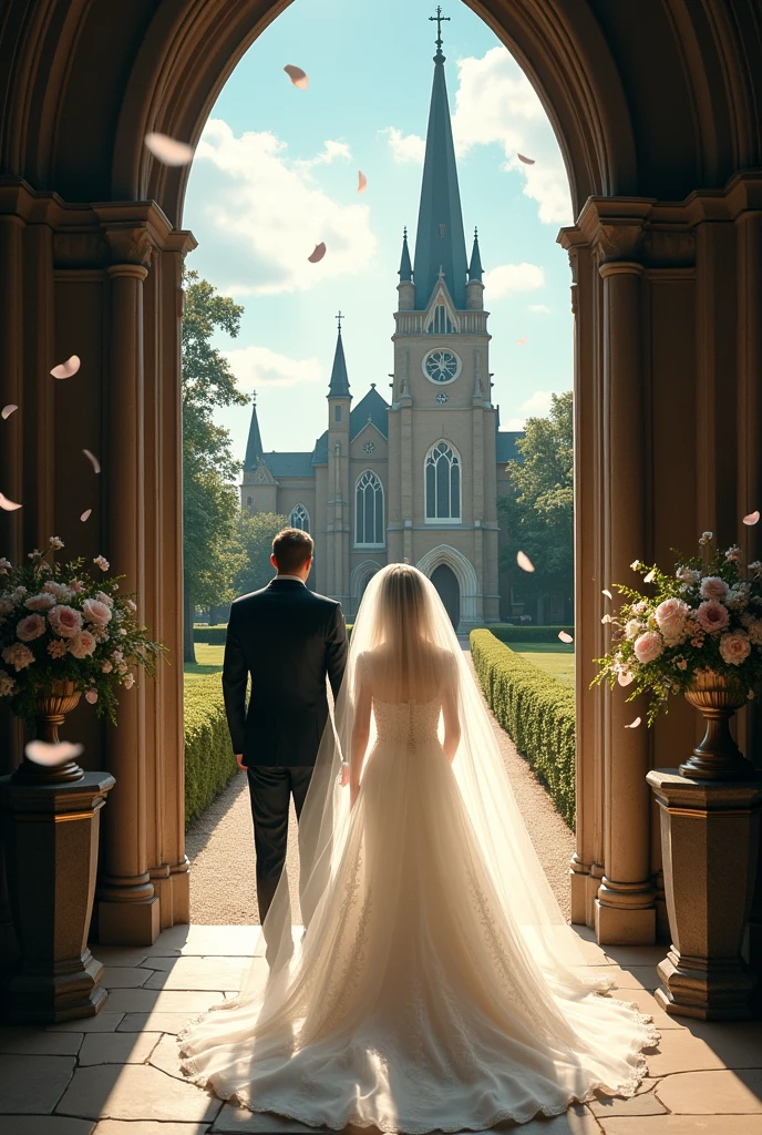 A bride outside the church walks towards the church door, while the groom anxiously waits for her at the altar.