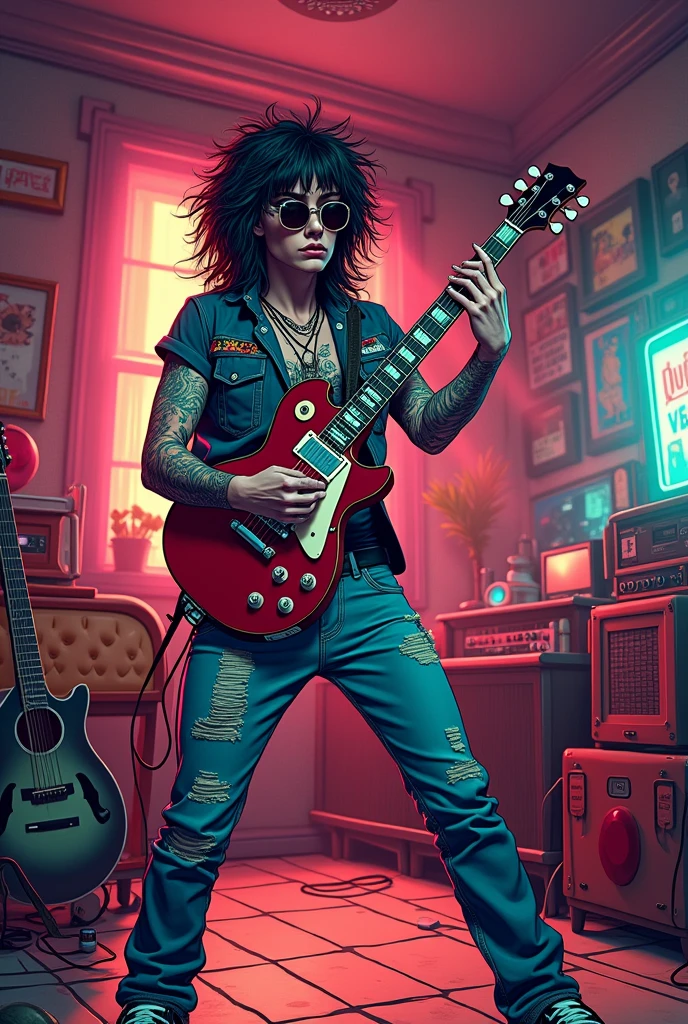 A cartoon character, rockstar,rock music,guitar electric in his room