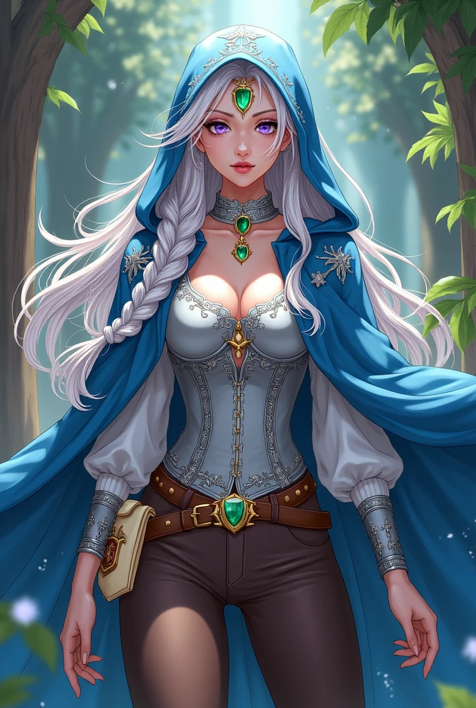 Lavender eyes. Magician People Woman, with long braided white hair.  Blue cape decorated with silver embroidery and a detached hood. silver full breast corset, white blouse and brown pants as well as boots. Silver choker with emerald and silver headband with emerald Brown belt with cream colored pouch with coat of arms on it Works flower magic Manga style