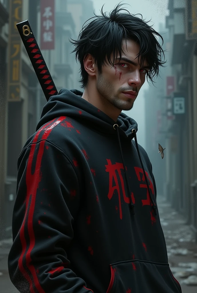 An injured male character with red eyes, black hair tossed to one side, black sweatshirt with red details, and a katana 