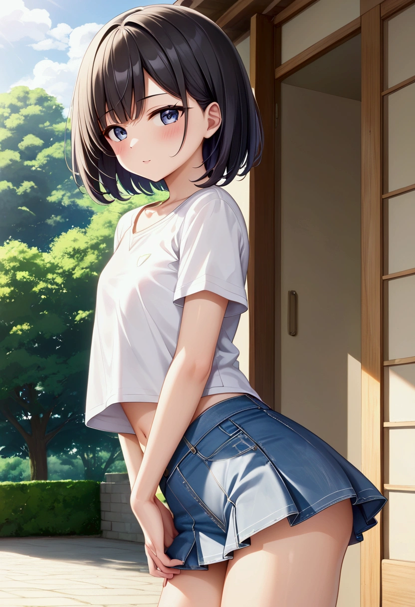 高いquality illustration, masterpiece, Very delicate and beautiful, masterpiece, Highest quality, High resolution, Very detailed, Perfect lighting、1 female、(short medium hair)、Black Hair、Flat Chest、White printed shirt、Denim mini skirt