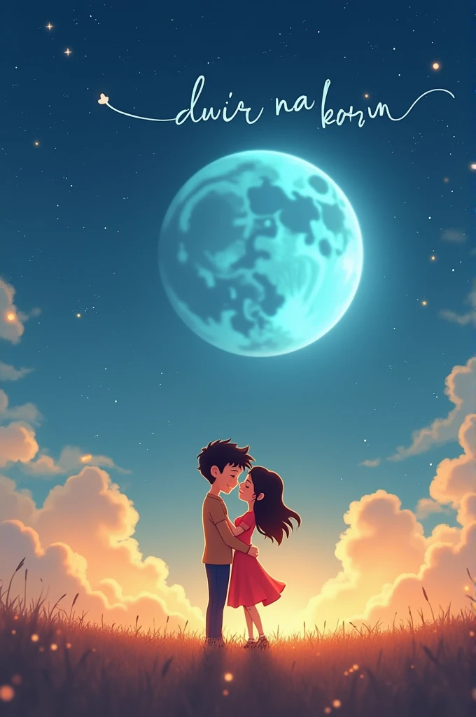 A animated cute couple hug with each other open the sky and big blue moon in the sky and write this words ( Duur Na Karin )