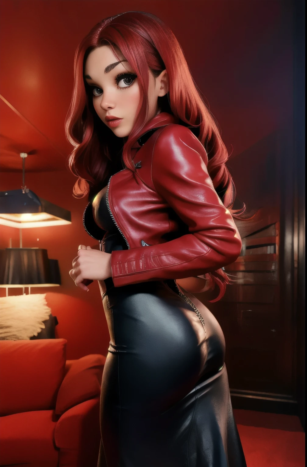 extremely detailed photo of a woman, loraelizabeth, scarlet witch, avengers, wearing black lace dress, open red leather jacket, 8k uhd, RAW photography, model photoshoot