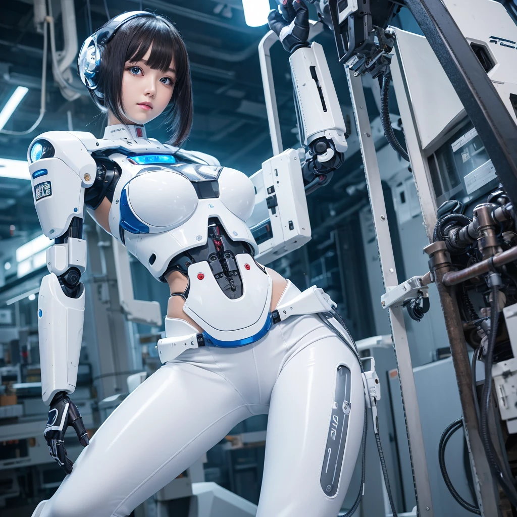 masterpiece, Highest quality, Very detailed, Japanese Android girl,Plump ,Control panel,robot arms,robot,Android,cyborg,white robot body,Blunt bangs,robot repair plant,skinny pants,boots,blue eyes
