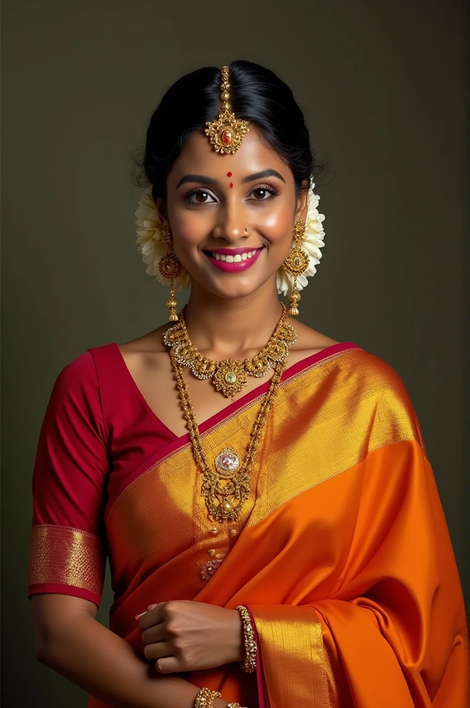 Medium size Tan skin Tamil bride in super grand kanchipuram saree in single pleat and without necklace