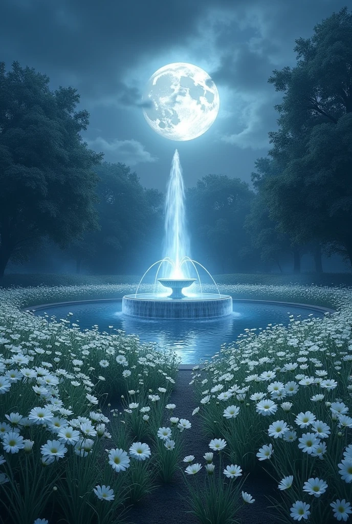 (photorealism:1.2), beautiful garden, nighttime, moonlight, white flowers all over the garden, fountain, all kinds of flowers, ghostly mist, vast garden