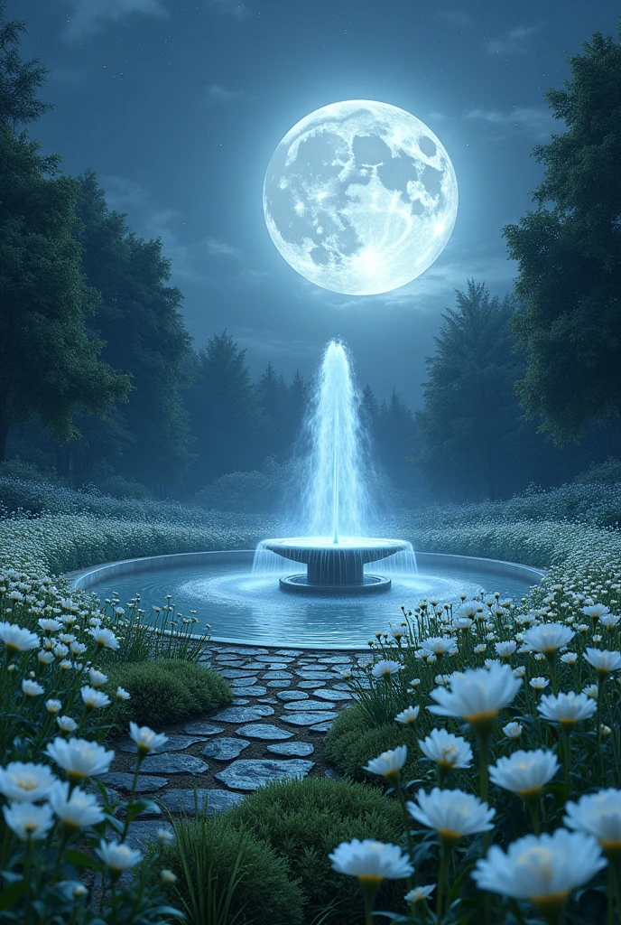 (photorealism:1.2), beautiful garden, nighttime, moonlight, white flowers all over the garden, fountain, all kinds of flowers, ghostly mist, vast garden