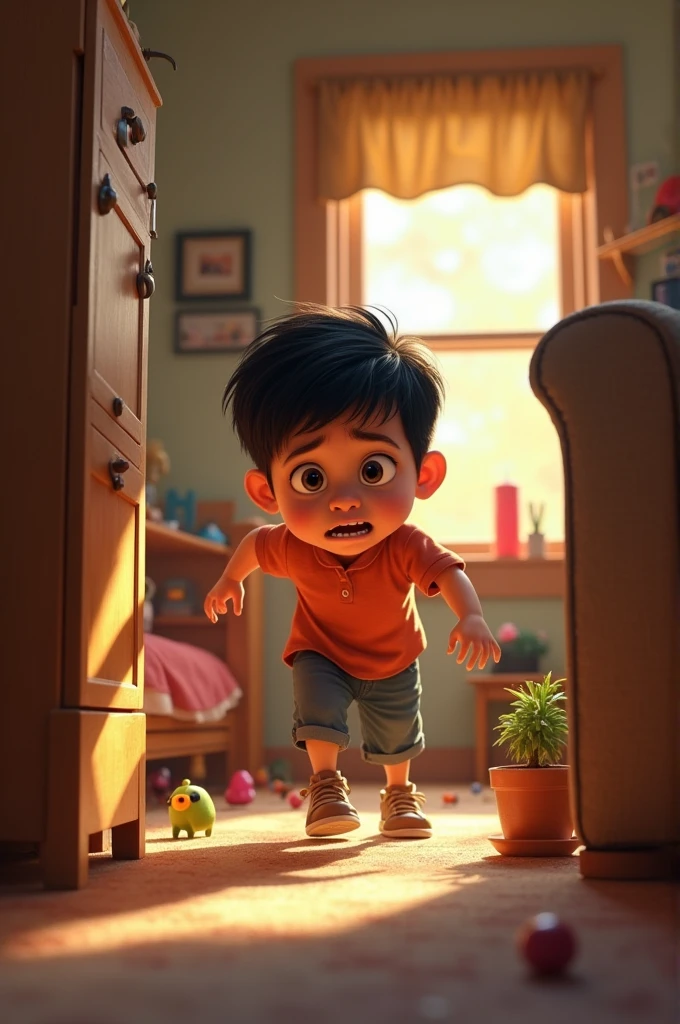 Latino boy desperately searching his entire house for a Pixar-style toy