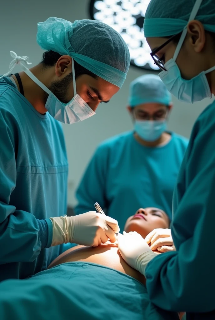 30 years Indian male doctor is doing operation at operation theatre to the Indian lady patient, doctor cut the lady patient stomach and hold operation knife. Indian nurses are surrounded to him. all are covered with masks