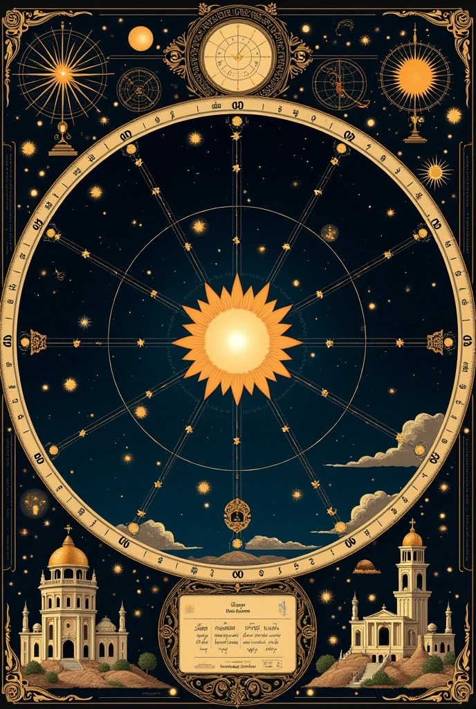 Create a star map illustration that represents the night sky on September 15, 2004. The design should be in a vintage, ornate style with intricate borders and celestial details, similar to a classical astronomical chart. Include a central bright star surrounded by various constellations and celestial bodies. 
Circle border should be degree measurement of angles and the other should be months of the years


Add decorative elements like small maps, constellations, and symbols around the border. The background should be dark with a starry sky and intricate illustrations of the zodiac and other celestial motifs

Readable font /square image 

Complete image without missing anything 

Don't make it look conjusted  


"Generate a vintage-style celestial illustration featuring a large, ornate circular frame with intricate, classical designs and smaller decorative elements, like clocks, globes, and architectural details, around the edges. In the center of the image, replace the current design with a depiction of the night sky over Jabalpur, India. Include a constellation focus within this circle, using thin, elegant lines to connect the stars. Ensure the constellations are clearly visible and aesthetically arranged, with subtle glowing dots for the stars.

Maintain the overall theme with a dark background and gold accents, highlighting the beauty of the constellations without overwhelming the design. Keep the outer frame rich in detail, with celestial motifs such as sun rays, moon phases, and star maps, ensuring a cohesive and visually captivating composition.

Readable fonts

Connection the star zodiac thing and use dot (bit sparkly) to represent moon or use moon sign

Make is look more aesthetic (Hindu reference optionally)

This image is all about 15 sep 2004 (my boyfriend's birthday) mention 15 sep 2004 


Write 15 sep 2004 with accurate text and readable pretty font . Crafted like professional 

