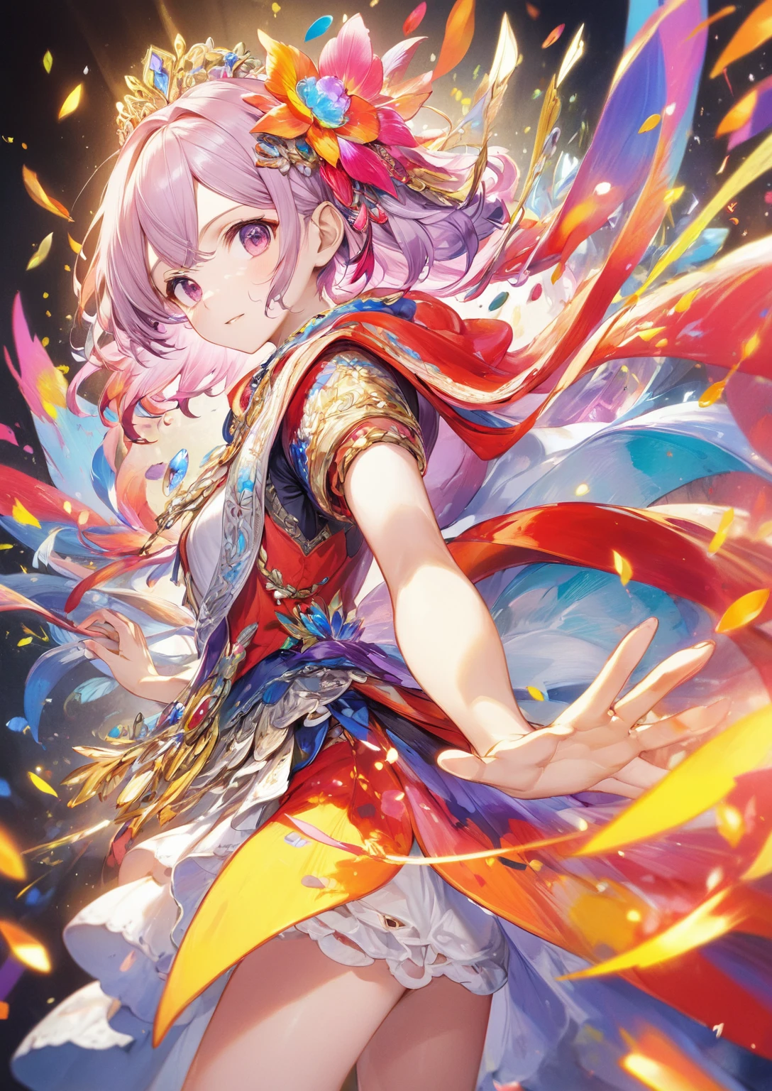 (masterpiece, Highest quality, Official Art:1.2), (colorful), Looking at the audience, one person&#39;s, alone, White Background, floating colorful water, Ultra-fine illustrations, highly detailed, Dynamic Angle, beautiful detailed, 8k, break smiling amidst the colorful scenes, (Highest quality, masterpiece, High resolution, detailed), Anime Style, (Shining Eyes, detailed美しい顔), break,Dynamic Angle