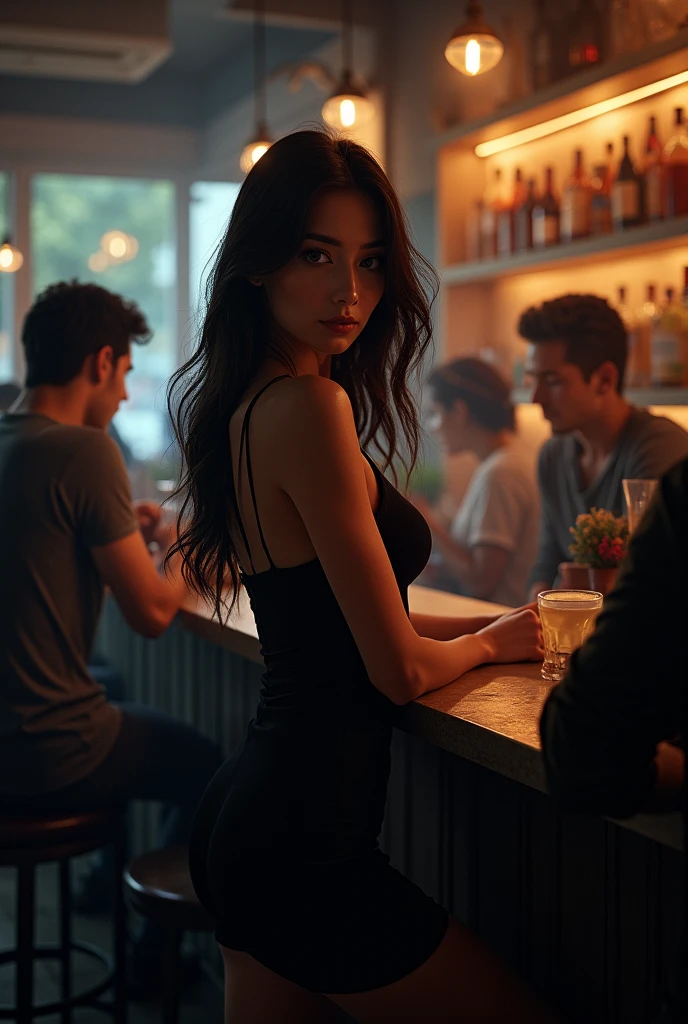 A young woman with a captivating aura stands behind the bar of a dimly lit cafe. She's wearing a black dress with a plunging neckline and a slit up the side, showcasing her slender figure. Her long, dark hair cascades down her back, framing her mysterious, almond-shaped eyes. A single spot of light shines on her face, creating a dramatic effect. Male customers are drawn to her, their eyes following her every movement.
