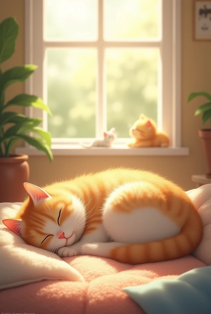A cozy cat, Whiskers, sleeping in a sunbeam, with a warm glow and a few cat toys nearby.