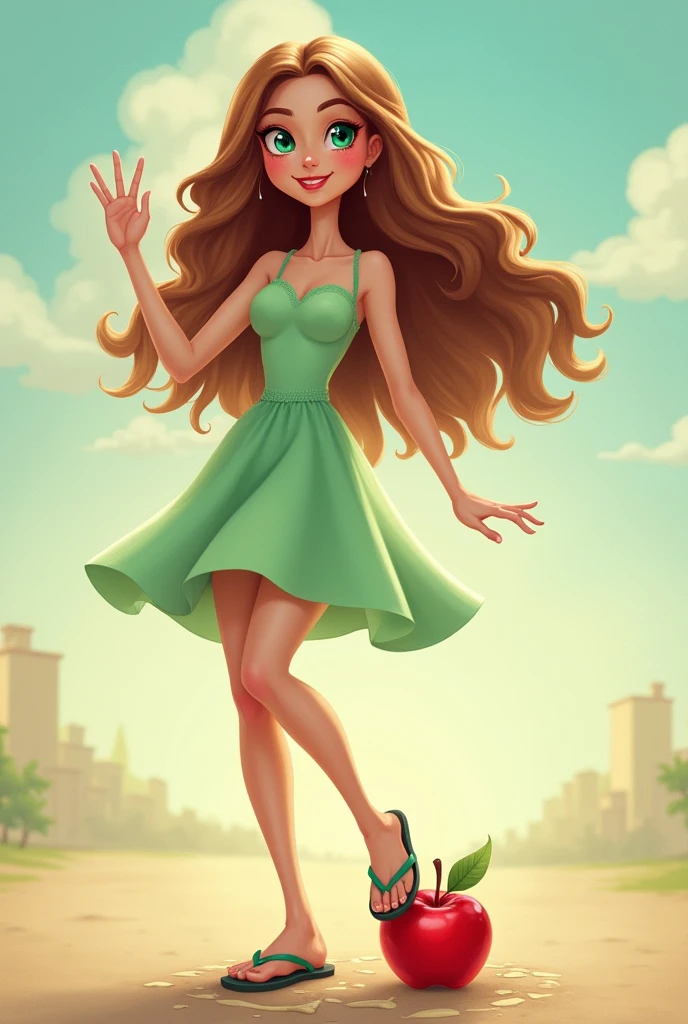 long wavy fur, Brown hair, 1 girl, emerald eyes, waving with two fingers, pink lips, Pastel green dress, stepping on an apple with your foot and crushing it with flip-flops, naked.