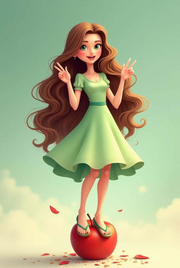 long wavy fur, Brown hair, 1 girl, emerald eyes, waving with two fingers, pink lips, Pastel green dress, stepping on an apple with your foot and crushing it with flip-flops, naked.