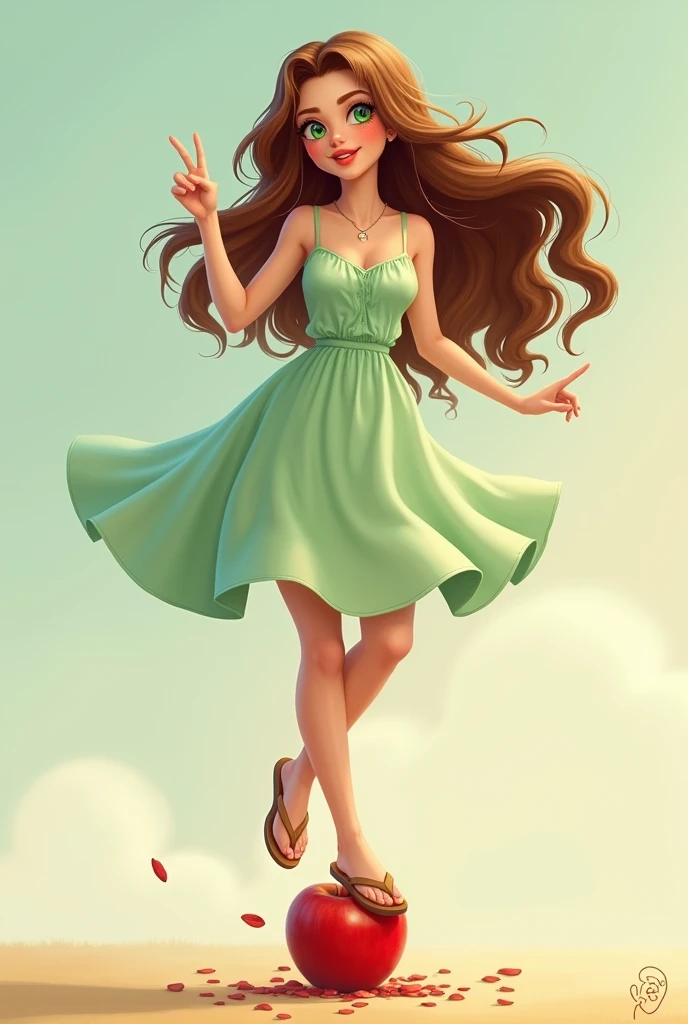 long wavy fur, Brown hair, 1 girl, emerald eyes, waving with two fingers, pink lips, Pastel green dress, stepping on an apple with your foot and crushing it with flip-flops, naked.