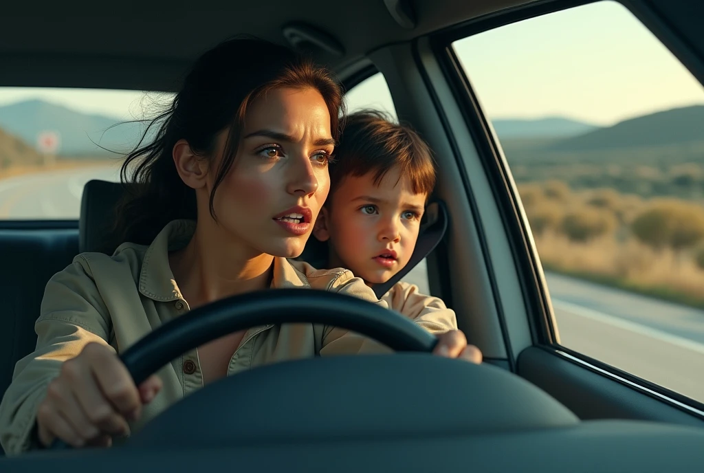 Mother driving a car、Son、Masterpiece Top quality、Escape from the killer