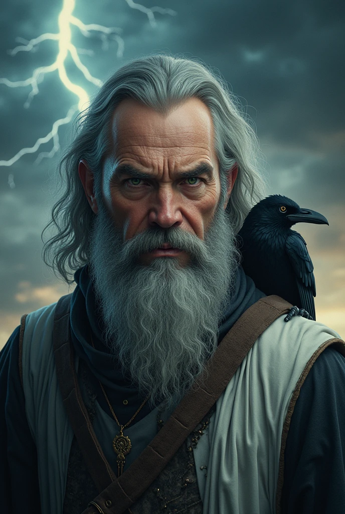 a middle-aged man, 50 years old, overweight, modern magician, gray hair, medium gray beard, green eyes, hairy body, serious expression, intimidating, white tabard, crow, storm, (best quality,4k,8k,highres,masterpiece:1.2),ultra-detailed,(realistic,photorealistic,photo-realistic:1.37),HDR,UHD,studio lighting,ultra-fine painting,sharp focus,physically-based rendering,extreme detail description,professional,vivid colors,bokeh,portrait