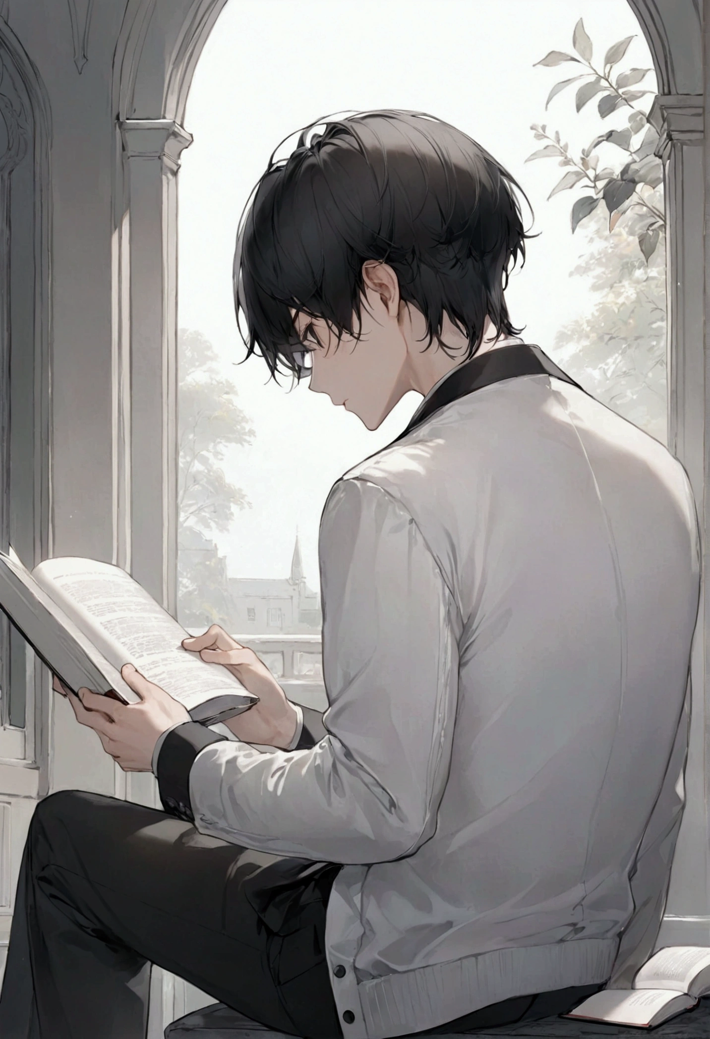 [CUT..(2)..MS saw the back of a young man with black hair, White, sitting and reading a book, with lines.
