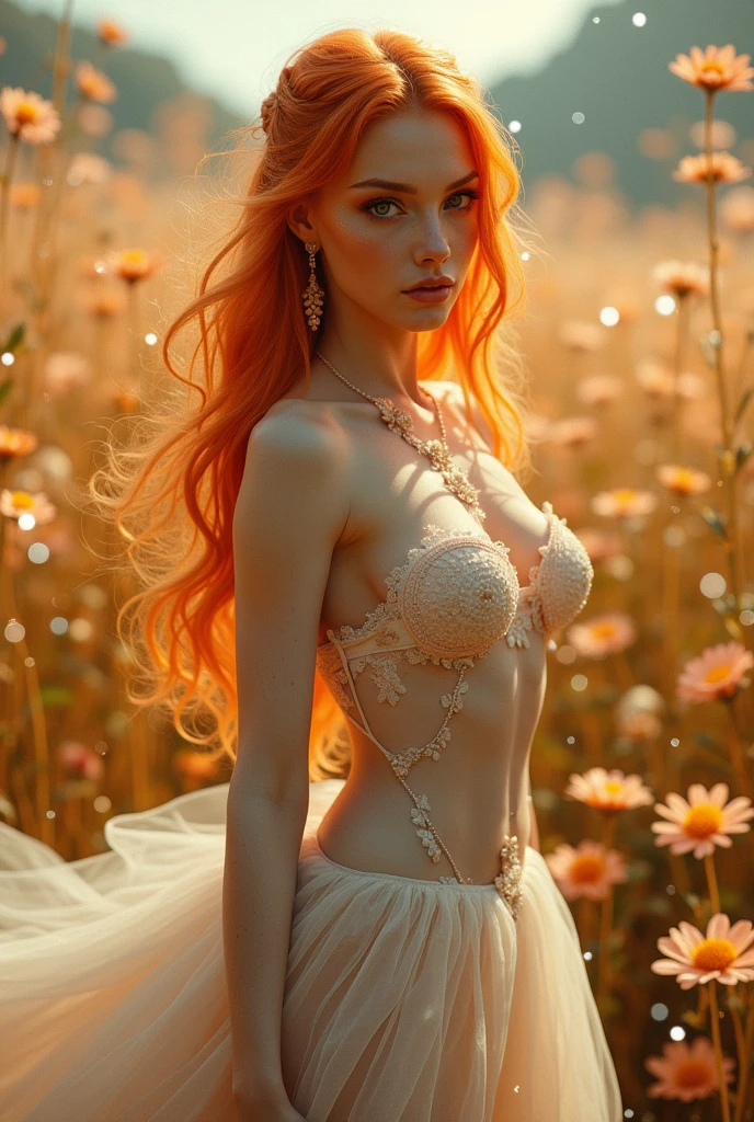 ((Masterpiece quality), (perfect ratio), (romanticism), (surrealism), (euphoria),(Demi-human fox goddess with medium breasts, long irregular penis dripping with magic semen, in an ethereal setting))