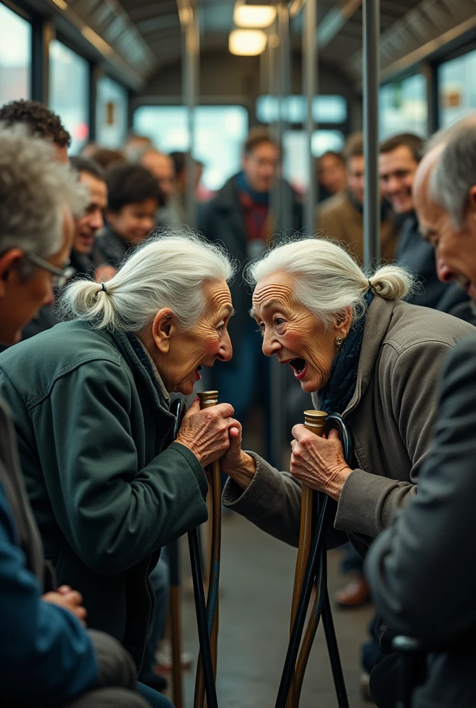 Two grandmothers fight for one free seat on the bus.