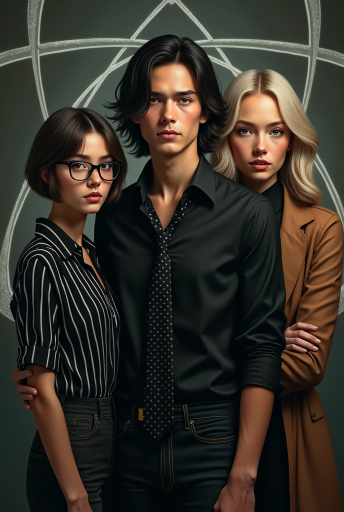 Un garçon avec une chemise noire et une cravate noire avec des petits points blancs cheveux longs et noire et une fille coupe de cheveux au carré plongeant avec des yeux verts et des lunettes, avec une chemise noire à rayures blanches, une fille avec les cheveux blonds, avec une chemise noire et un long manteau marron, un homme avec une chemise noire manche courte, cheveux en pétard de couleur blond
Puis derrière en fond un atome