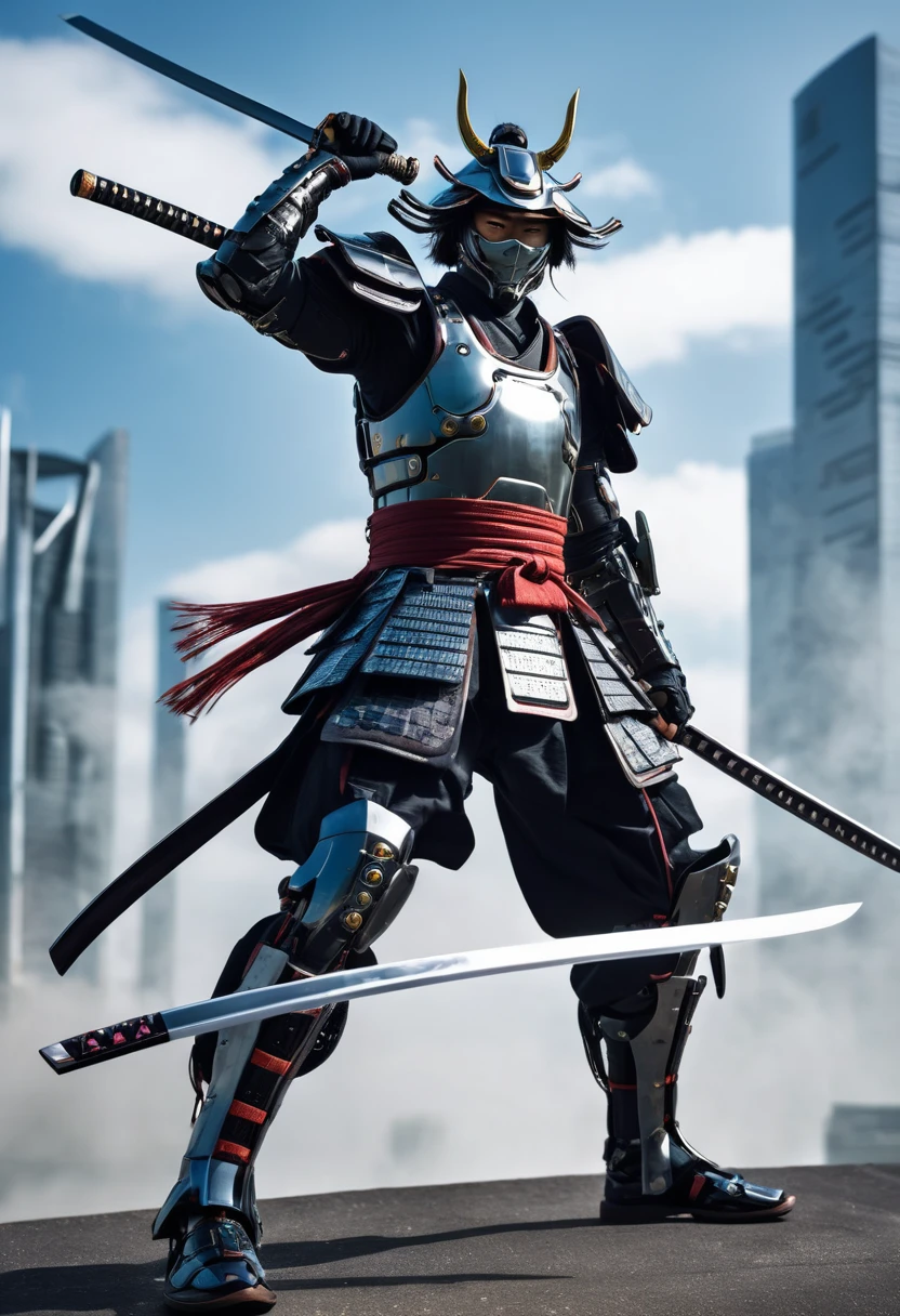 A futuristic samurai cyborg shows his power by raising his katana in victory