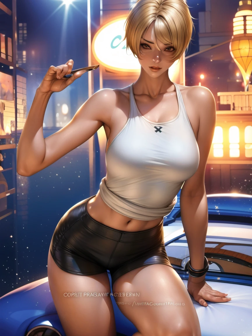 score_9, score_8_up, score_7_up, score_6_up, lldn, 1girl, solo, basketball, blonde hair, shorts, halo, realistic, strap slip, black shorts, tank top, short hair, looking at viewer, brown eyes, short shorts, watercolor
