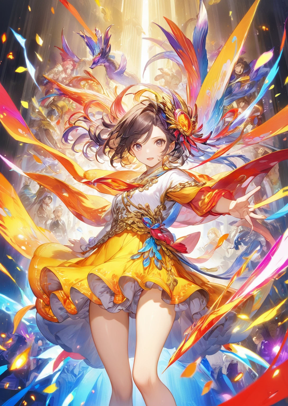 (masterpiece, Highest quality, Official Art:1.2), (colorful), Looking at the audience, one person's, alone, White Background, floating colorful water, Ultra-fine illustrations, highly detailed, Dynamic Angle, beautiful detailed, 8k, break smiling amidst the colorful scenes, (Highest quality, masterpiece, High resolution, detailed), Anime Style, (Shining Eyes, detailed美しい顔), break,Dynamic Angle