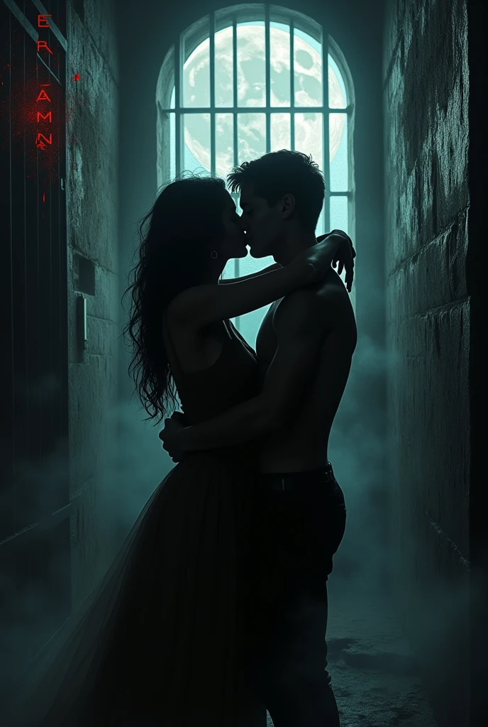 With a focus on a dark, haunting aesthetic, the "Eternal Embrace: The Love Between Shadows" text is crafted with jagged, blood-red letters, each one seemingly etched with an otherworldly fervor. The background is a scene of an A mysterious prison with moonlight entering through the window. She sees the features of each of their faces as she kisses him 