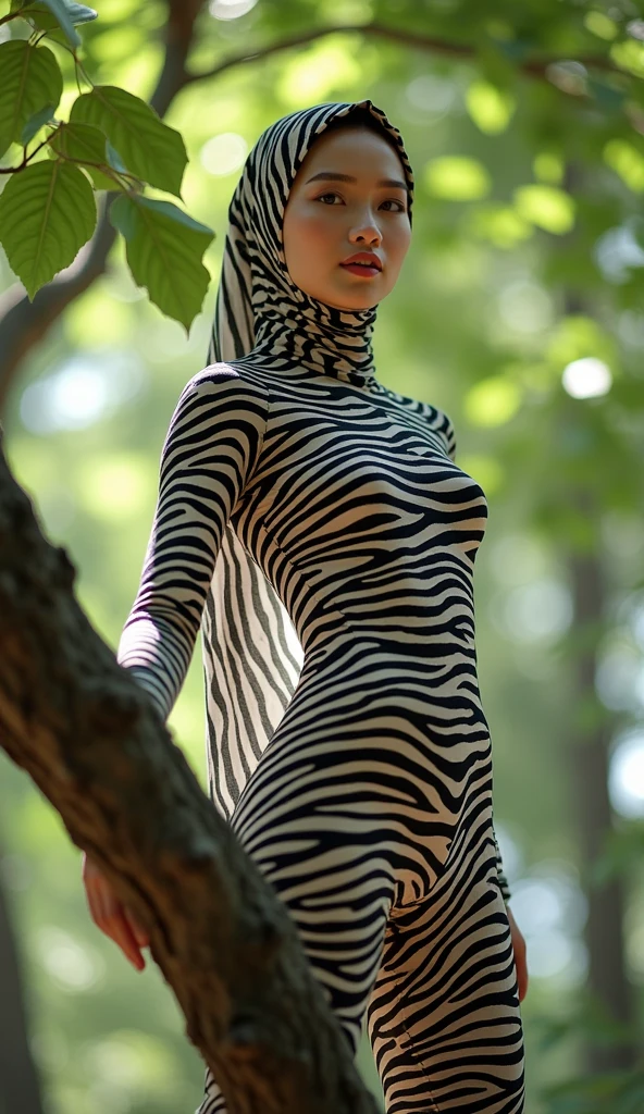 a beautiful and thin Asian and malaysian muslim adult girl with a shiny and beautiful face wears white tiger print lycra turtleneck unitard catsuit covered with stripes and always wear tiger print lycra dancewear hijab covered with stripes.
