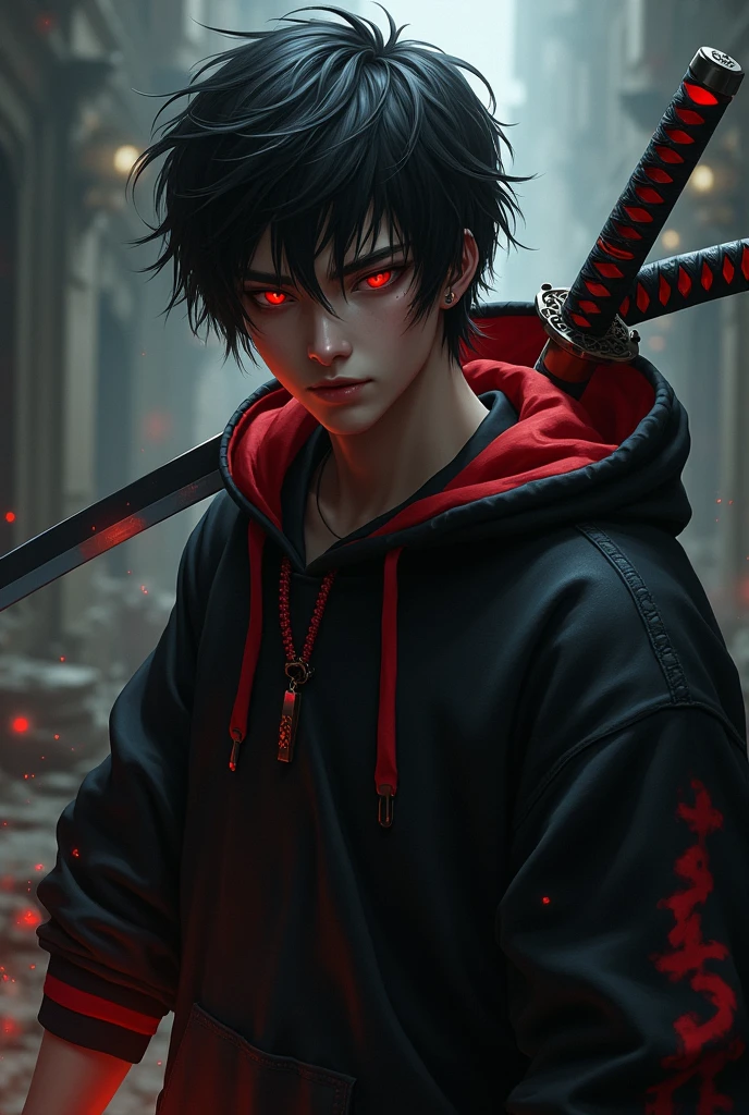 An injured male character with red eyes, black hair tossed to one side, black sweatshirt with red details, and a katana
