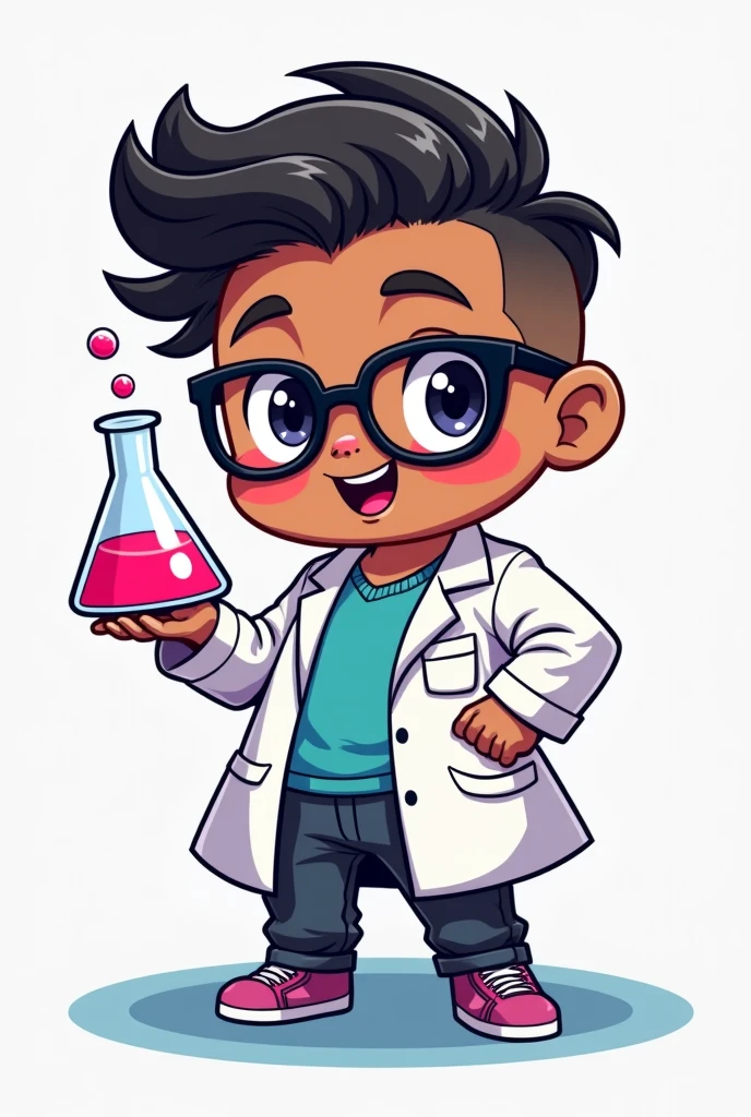 A full-body cartoon character in chibi style with a height of 185 cm, weight of 95 kg, and a slightly chubby build. The character should have a medium fade haircut and be wearing the glasses shown in the image provided. The character is holding a Erlenmeyer flask with a very light pink phenolphthalein solution,The character is also wearing a lab coat similar to those used in chemistry labs, with the overall style being bright, colorful, and in the same smooth lines as the previous images. The background should be simple to keep the focus on the character. ผิวคล้ำๆ ผมหยักศก