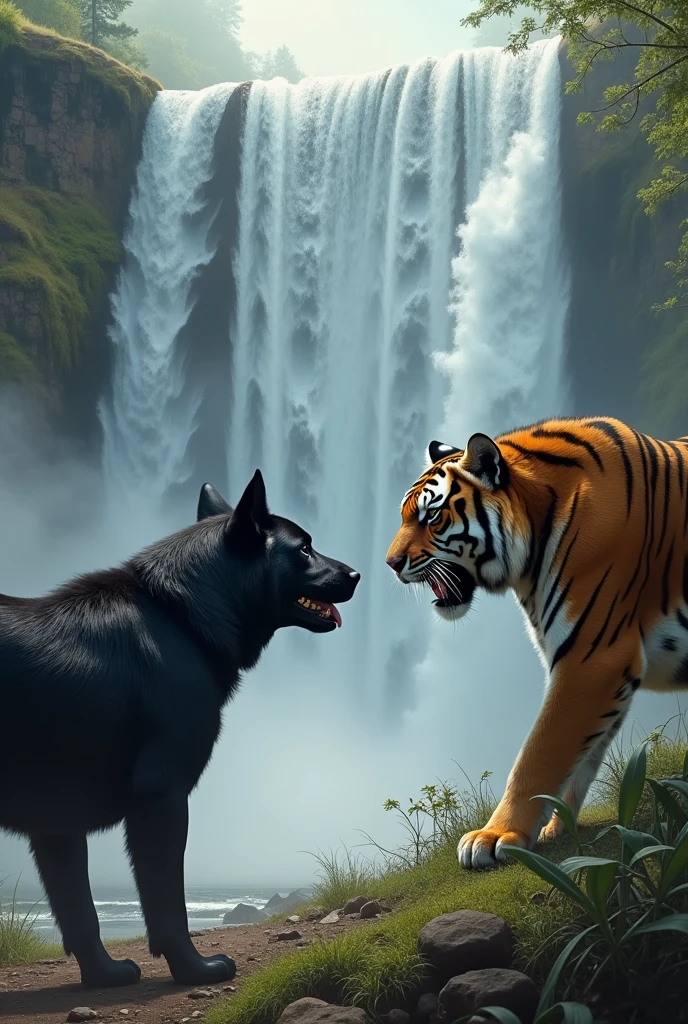 Home with Black dog fight tiger waterfall