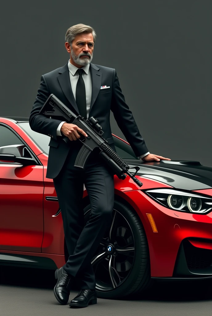 a guy is standing next to a BMW M4 he has a weapon in his hands the guy is dressed in old money style the car is half red and half black