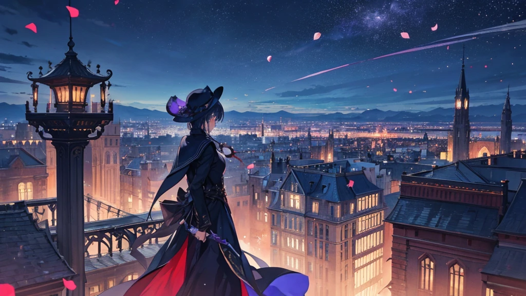 The most beautiful night view in the world、statelessness、City of night、A spectacular tower in the center of town、Draw from a little distance、Nostalgic、Add a touch of fantasy、The phantom thief is standing in the distance, but only a silhouette is visible.、Rose petals are falling from somewhere