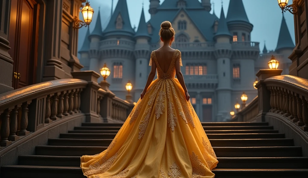 walk, Turn your back.,Cinderella in golden dress, Exterior of the castle, stairs,night time