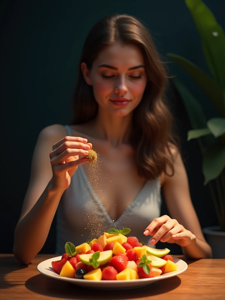 girl+fruit salad+ sprinkling seasoning+ black background