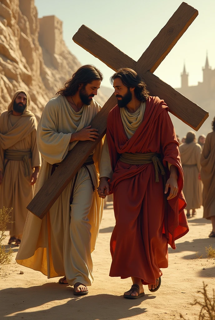 Jesus helping the follower carry the cross