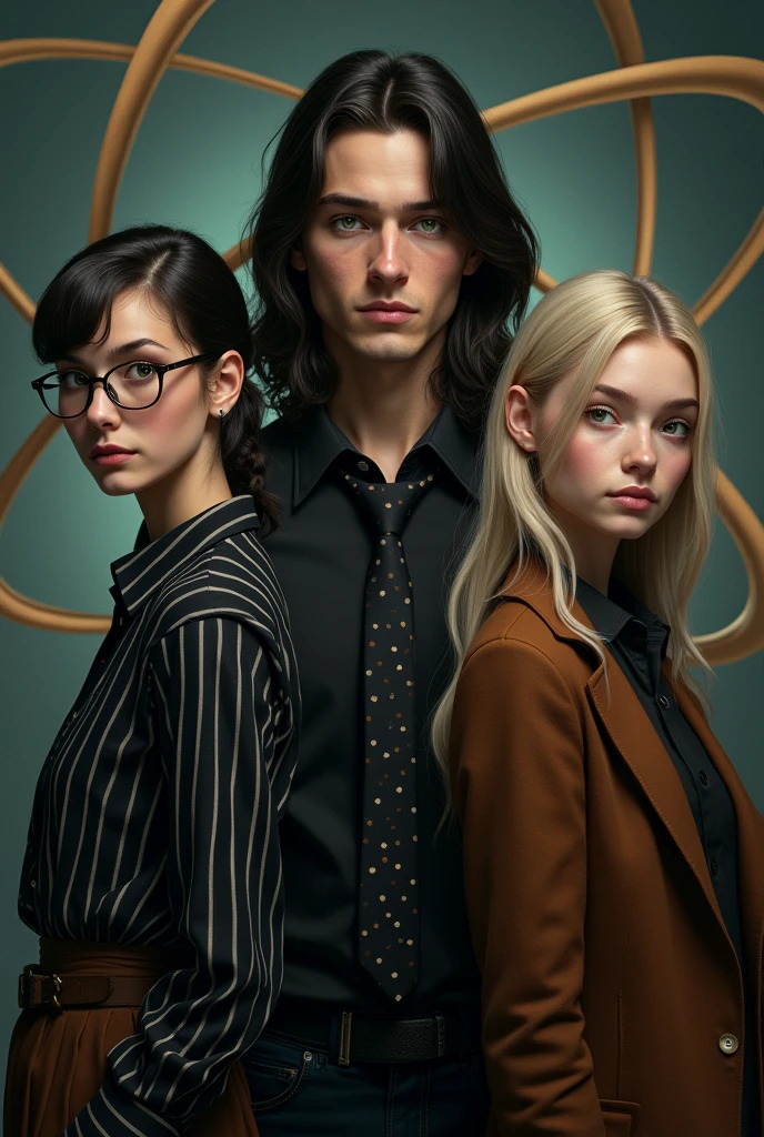 Un garçon avec une chemise noire et une cravate noire avec des petits points blancs cheveux longs et noire et une fille coupe de cheveux au carré plongeant avec des yeux verts et des lunettes, avec une chemise noire à rayures blanches, une fille avec les cheveux blonds, avec une chemise noire et un long manteau marron, un homme avec une chemise noire manche courte, cheveux en pétard de couleur blond



Puis derrière en fond un atome