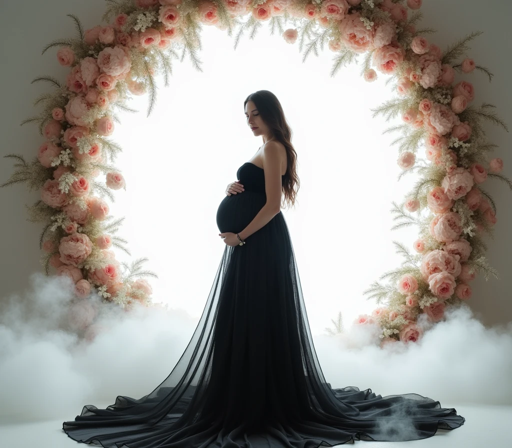 pregnant woman in black gown standing in front of floral arch, a picture inspired by Gabriel Ba, tumblr, conceptual art, black gown, maternal photography 4 k, flowing black gown, draped in velvet and flowers, stunning elegant pose, long luxurious gown, modest flowing gown, !!beautiful!!, long luxurious flowing gown, in front of white back drop, amazing professional picture, add some smoke and cloud in ground , red dress