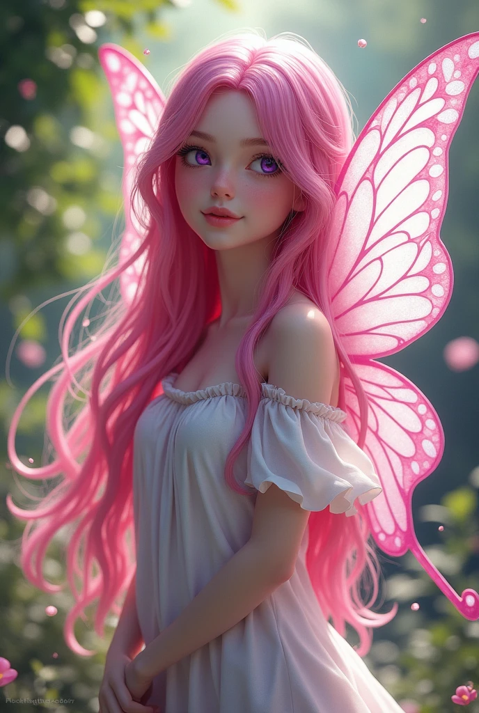Pink haired butterfly fairy with purple eyes and white shirt and long hair