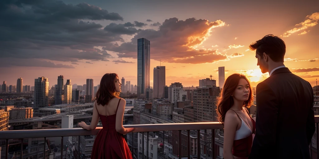 Buildings at sunset,high resolution, high quality,Red hue,Outdoor large scene,Two people standing in front of the camera,One man and one woman,Man is charming and handsome ,Female demon playful,Standing in front of the camera with high-rise buildings behind,river,cloud,dusk,Illustration style,high quality 8K ,Atmospheric poster,