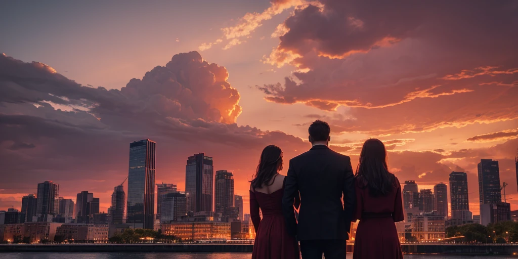 Buildings at sunset,high resolution, high quality,Red hue,Outdoor large scene,Two people standing in front of the camera,One man and one woman,Man is charming and handsome ,Female demon playful,Standing in front of the camera with high-rise buildings behind,river,cloud,dusk,Illustration style,high quality 8K ,Atmospheric poster,