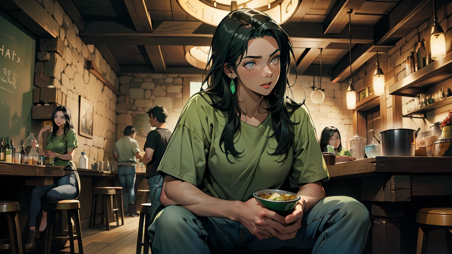 (Young woman 30 years old, 1,78 m with 82 kg), ((skin fair)), (((long black hair))), (((gray eyes))), ((wearing jeans and a light green shirt with blue details)), (((inside a tavern))), ((((talking about a shocking fact)))),