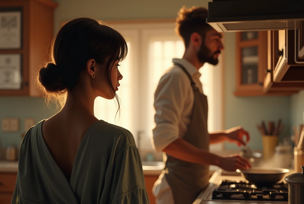 Masterpiece Top quality、Woman looking at man、Inside the house、Woman's back view、Man cooking in the kitchen