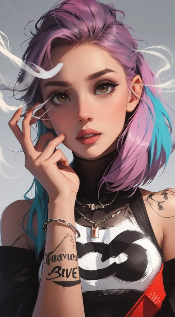 (Smoke effect around his head, beaucoup de vapeur effect) tatouage, maquillage, Paysage de nuit qui passe, Une belle fille avec, UHD Portrait, (High quality) (ultra details) Regarder le spectateur en tenue de ville de style hip-hop; different, colourfull, cheveux de plusieurscouleurs longs 🌈