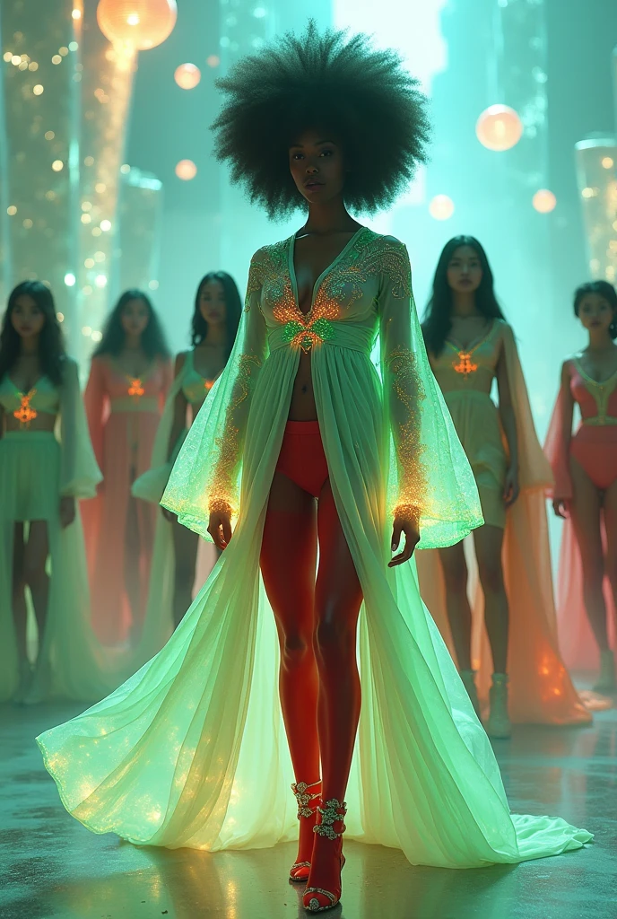 [Subject: Surreal High-Fashion Ensemble in a Futuristic, Magical Universe] A photorealistic image of a group of women standing united in a futuristic, magical environment, dressed in exaggerated high-fashion outfits. The central figure wears an {oversized, flowing tunic in ethereal, translucent fabric, adorned with animated dragon motifs that shift colors with every movement}. The tunic features {billowing, floor-length sleeves with glowing jade cuffs, casting a soft green light}. She pairs this with {crimson-red tights seamlessly transitioning into stiletto boots with exaggerated, pointed toes}. Her hair is styled in a {massive, gravity-defying afro interwoven with shimmering metallic threads}.

The other women wear similarly surreal outfits, featuring {flowing capes, sculptural collars, and intricate embroidery that glow subtly in the ambient light}. Their hairstyles include {elaborate braids, floating waves, and metallic accents}.

The setting is a {futuristic cityscape with towering crystalline structures and floating orbs that emit a magical light}. The women stand on a {transparent, glowing platform above the city, surrounded by swirling, iridescent mist}. The camera captures the scene from a {wide-angle shot, focusing on the surreal outfits and the expansive, otherworldly environment}. The {lighting is ethereal, casting soft glows and subtle shadows to enhance the magical atmosphere}. The image is {cinematic, high-fashion, and eye-catching, with high-resolution detail and a strikingly surreal aesthetic}.
