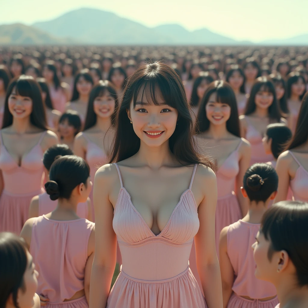 (((((Japanese Clone girls=Myself)))))), (((Best Super High quality Myself Clone girls Raw Photography Art))), (16K, Highest quality, Ultra-high resolution, RAW Photos), (((It's so unrealistic., With unparalleled depiction, With an unfathomable sight, An unprecedented and shocking worldview, Clone girls in a world of mass reproduction, Ultra-realistic))), (((Japanese, woman, 24yo, Ishihara Satomi))), (Small face, ((Thick black hair, Semi-long hair))), ((V-neck short-sleeve dress)), (((((Very detailed美しい女体, Accurate body structure, Very detailed完璧な, Super busty body with very large breasts, Clearly emphasizes cleavage))))), (((Dark Eyes, Mature face, Cute Smile, A gentle gaze))), (((Her happy and smiling expression is so cute))), ((((((((Very detailed分身増殖描写, ((1girl→Myself cloning→1,000,000,000,000,000,000,000,000,000,000,000,000,000,000,000,000,000,000,000,000Myself Clone girls)))))))))), ((((((((Very detailed, The precise depiction of the proliferation of Myself Clone girls, ((With the perfectly identical bodies of Myself clone girls, With the exact same face as the Myself clone girls, With the exact same hairstyle as the Myself clone girls, In the exact same clothes as the girls who are my clones, Perfectly the same height as the Myself clone girls, Super big breasts, just like the Myself clone girls)))))))))), (((Myself clone girls only))), (((Multiple pairs, Very detailed depiction, (Myself clone girls hug each other, Myself clone girls assemble, Fun conversations with fellow Myself clone girls, A fun conversation between Myself clone girls, Myself clone girls holding hands, Walking with lots of Myself clone girls)))), (((Everyone looks at the camera))), (((Unbelievably crowded, Transcendent Myself clone girls intimately, Countless Myself clone girls surround you in 360 degrees))), (Bright, soft sunlight), (((Very wide field of view, Very detailed, Detailed ultra-perspective depiction with clear depth, wide view))), (((((Landscape with a curved slope))))), (((Very photographic and detailed depiction, Myself clone girls will multiply infinitely and fill the surroundings from one side to the horizon with their bodies tightly packed together without any gaps., A scene of endless Myself clone girls and a fun atmosphere))), (Focus on the average value of the image)