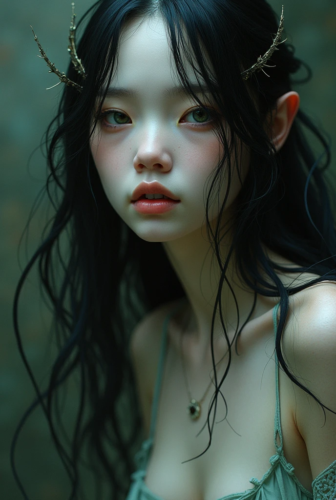 fair skin with dark hair that hangs long and straight, or gently curl into loose waves. They have small mouths with thin, colorless lips., small teeth, but regular, long noses that tend to curve, narrow faces and sunken cheeks, light green or brown eyes with heavy eyelids that are kept half-closed, except in moments of intense emotion, long necks, thin hands with elongated fingers